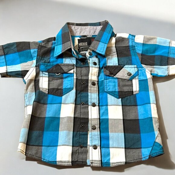 Micros Boys Plaid Short Sleeve Button-Up Shirt, Size 2T, Blue and Gray Checkered - Picture 1 of 5